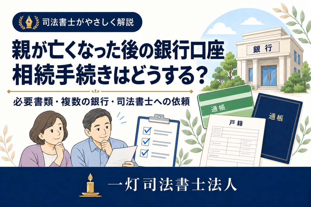 親が亡くなった後の銀行口座の相続手続きについて、通帳・戸籍・チェックリストと家族のイラストで案内する一灯司法書士法人のアイキャッチ画像