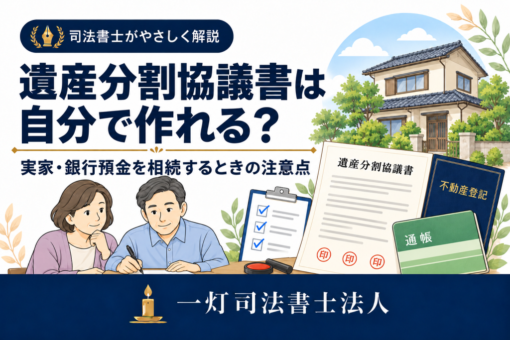 遺産分割協議書を確認する家族と、実家・通帳・登記書類のイラスト。実家と銀行預金の相続に関する一灯司法書士法人の記事画像。