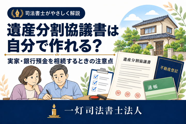 遺産分割協議書を確認する家族と、実家・通帳・登記書類のイラスト。実家と銀行預金の相続に関する一灯司法書士法人の記事画像。